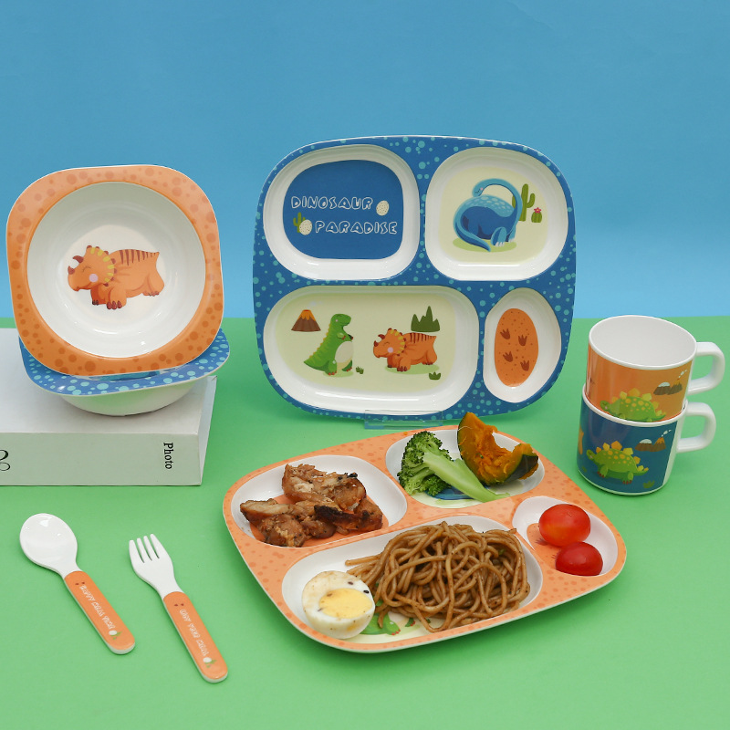 Melamine children's dinner plate compartment tableware suit cute baby dinosaur series dinner plate eating food supplement bowl drop-resistant bowl