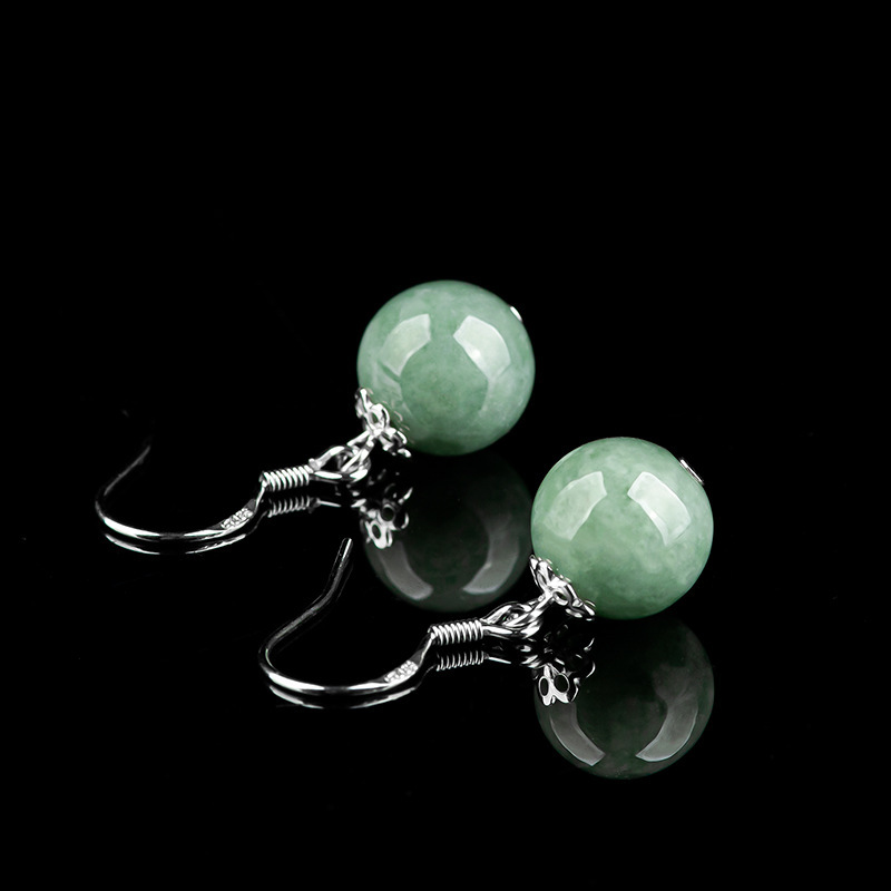 Natural A-Grade Jadeite Bean Green Round Bead Earrings S925 Silver Inlaid Jade Fashion Women's Earrings Ethnic Style