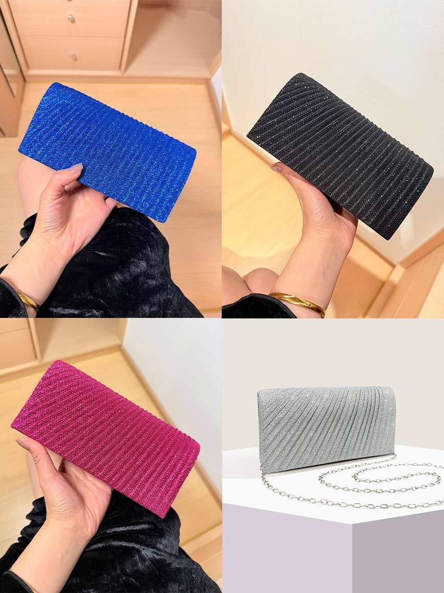 Cross-Border Ready-Made Mini Pleated Evening Bag Niche Banquet Clutch Bag Fine Glitter Chain Small Square Bag Evening Dress Bag