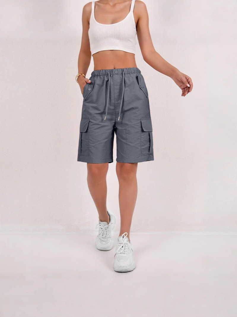 American-Style Plus-Size Women's Cargo Shorts for Summer with Elastic Waistband, Pockets, Wide-Leg, Casual Knee-Length Shorts, European and American Cross-Border
