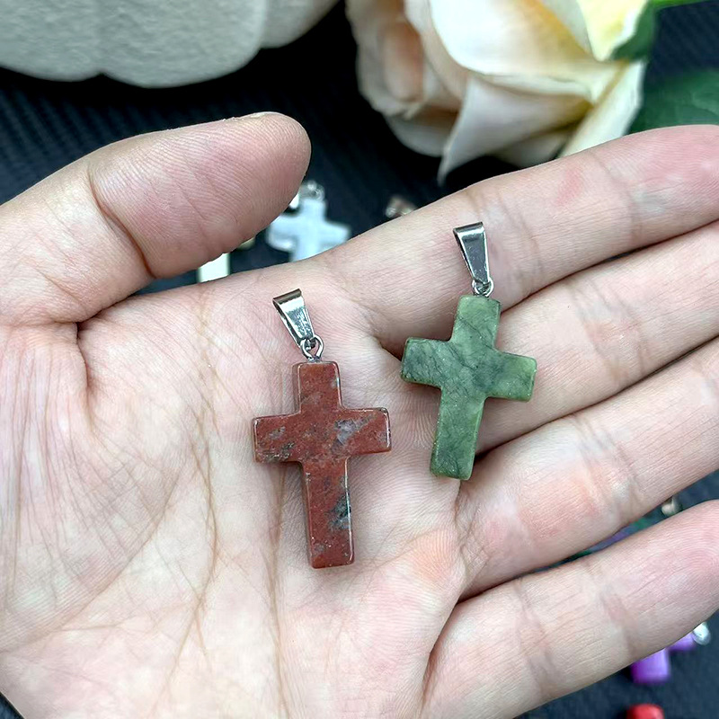 Foreign Trade Natural Stone Cross Pendant 18*25mm Crystal Agate Necklace Accessories DIY Jewelry Accessories Wholesale