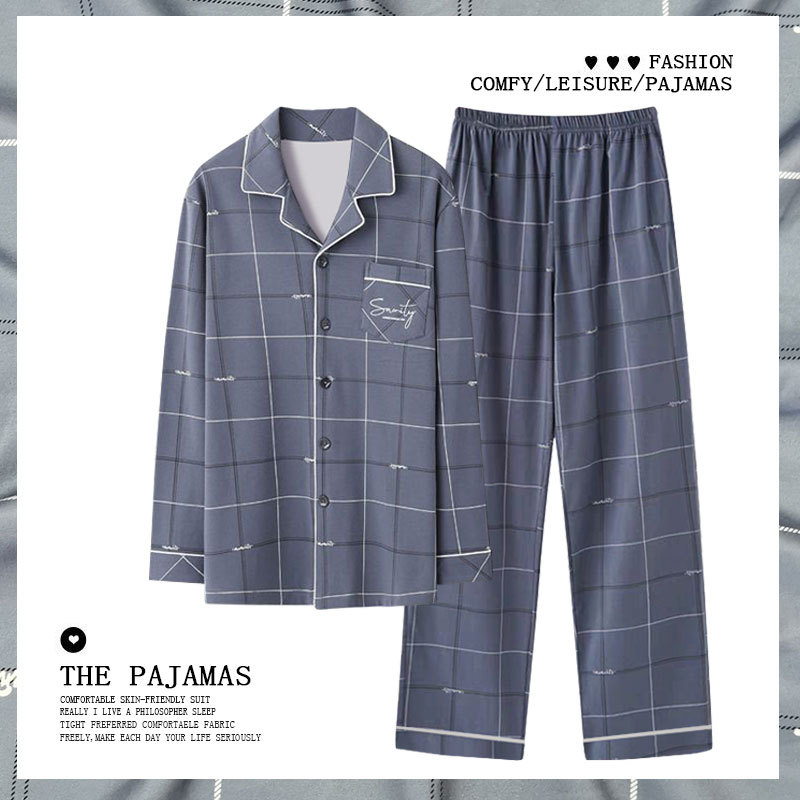 Plaid Men's Pajamas Spring and Autumn Pure Cotton Long-sleeved plus size Imitation Cotton Thin Autumn and Winter Casual Home Clothes for Middle-aged suit