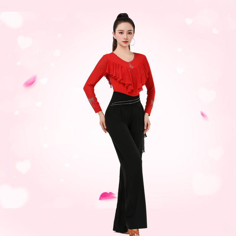 Jitterba Top Women's New Long-sleeved Square Dance Clothing Women's Three-step Color Mesh Hot Drilling Ruffled Dance Clothing