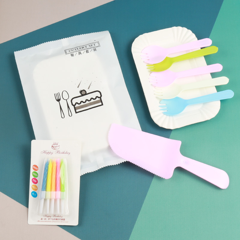 Birthday Cake Tableware Fork Spoon Set Whole Piece Plastic Disposable Cake Knife and Fork Plate Baking Knife, Fork and Dish Four in One