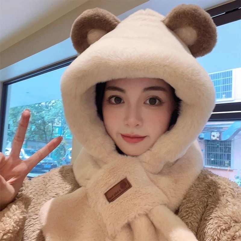 Winter Warm Scarf One-piece Hooded Bear Hat Children's Riding Cold-proof Ear Protectors Cute Plush Scarf Cap