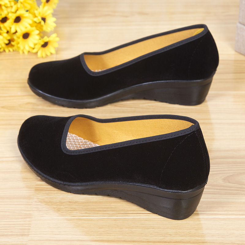 Old Beijing Cloth Shoes Women's Black Cloth Shoes One Pedal Wedge Polyurethane Soft Bottom Non-slip Cloth Shoes for Hotel Bank Attendants
