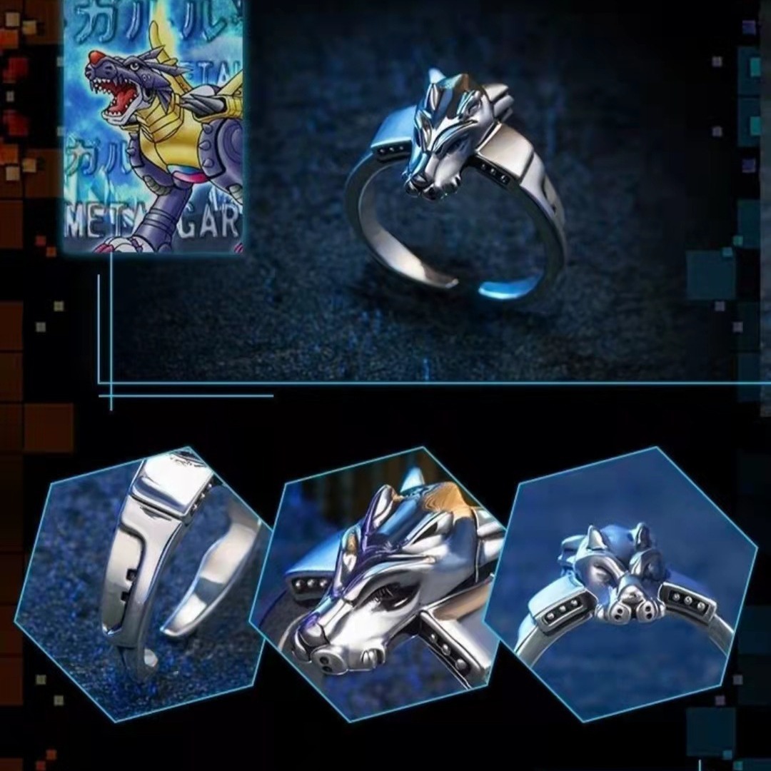 Classic Animation Digimon Ring Tyrannosaurus Sword Steel Galu Rudai Silver Couple Ring Boys and Girls Wholesale