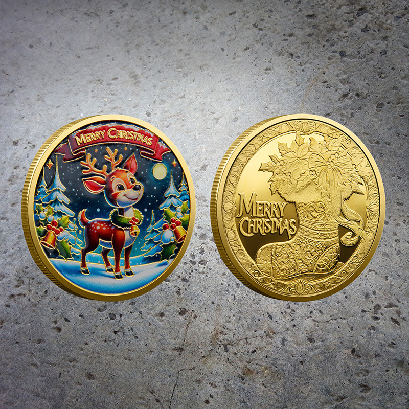 Foreign Trade Christmas Commemorative Medal European and American Santa Claus Sleigh Auspicious Deer Colorful Commemorative Gold Coin Decision-Making Game Coin