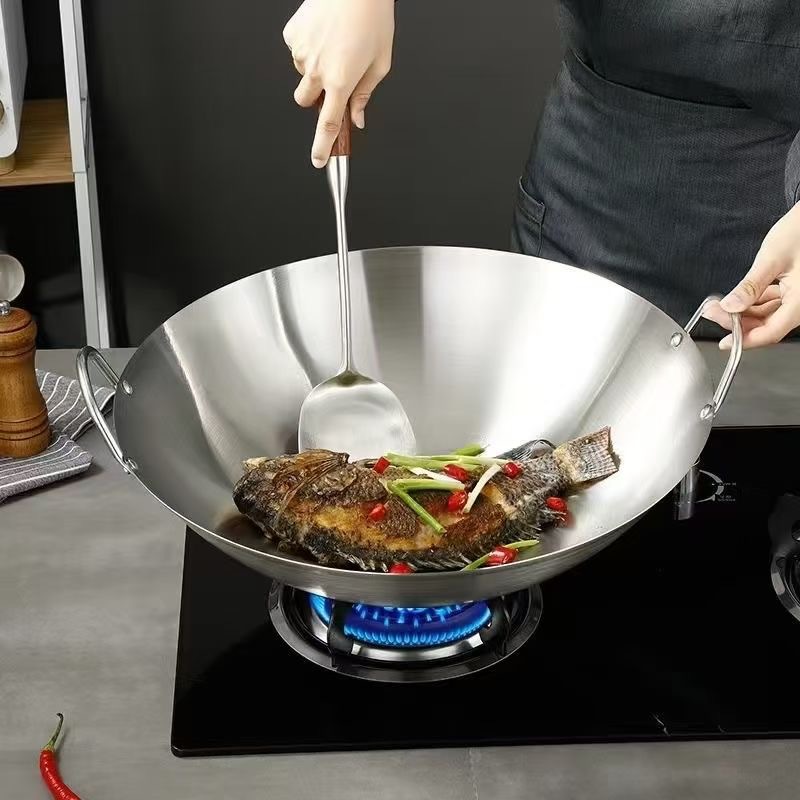 Cross-Border Stainless Steel Wok 201 Non-Magnetic Single-Handle Horn Double-Handle Wok for High-Heat Cooking in Hotels, Restaurants, and Canteens