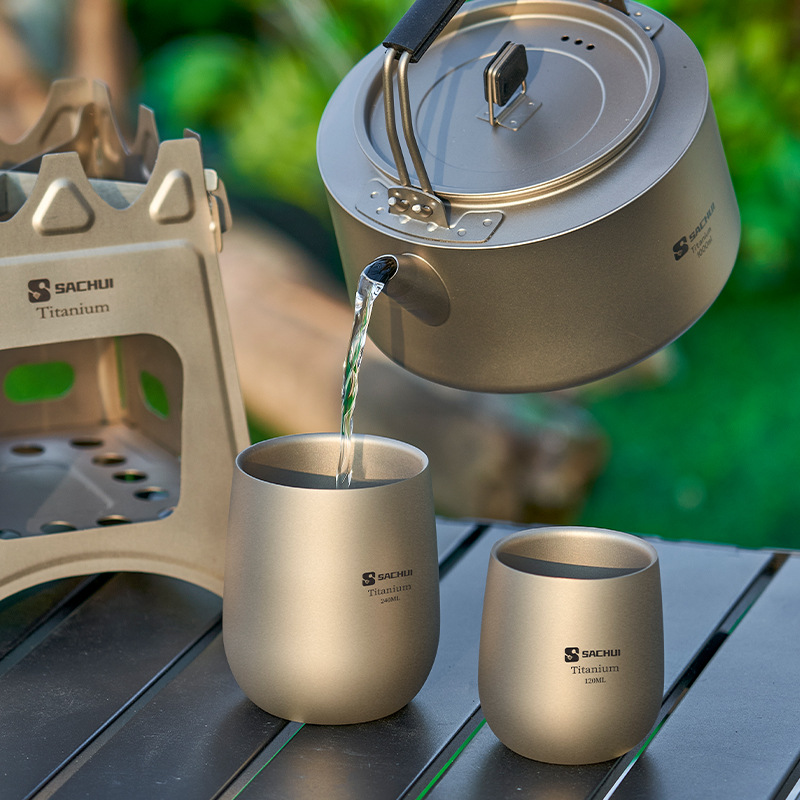 Double-layer titanium cup outdoor picnic tableware without handle portable camping ultralight pure titanium tea cup water cup office coffee cup