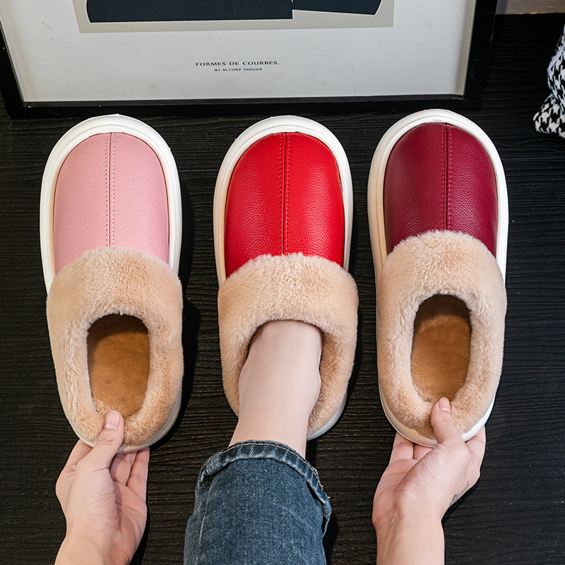 Customized Eva Waterproof Cowhide Cotton Slippers for Men and Women, Anti-Slip Flannel Warm Thick-Soled Leather Slippers for Couples
