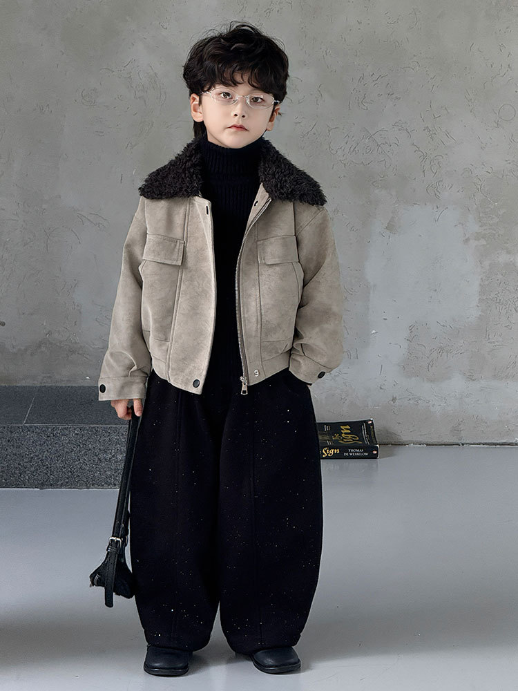 Boys' Baby Coat with Fur Collar, 2025 Autumn and Winter New Style, Fleece-Lined Children's Leather Jacket, Stylish and Trendy, One-Piece Wholesale