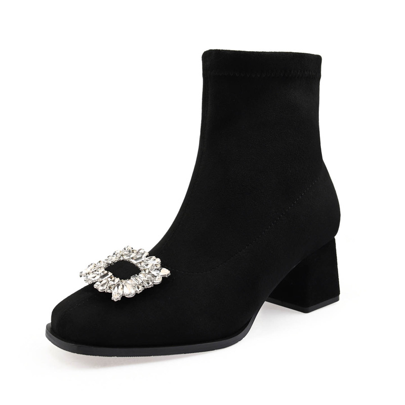 2184-P17 Wide Elastic Slim Boots for Women with Square Toe, Rhinestone Square Buckle, Fashion High Heel Suede Sock Boots for Women in Large Sizes