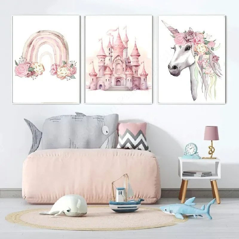 Pink Watercolor Cartoon Character Girl Princess Castle Unicorn Girl Bedroom Backwall Poster Frameless Core