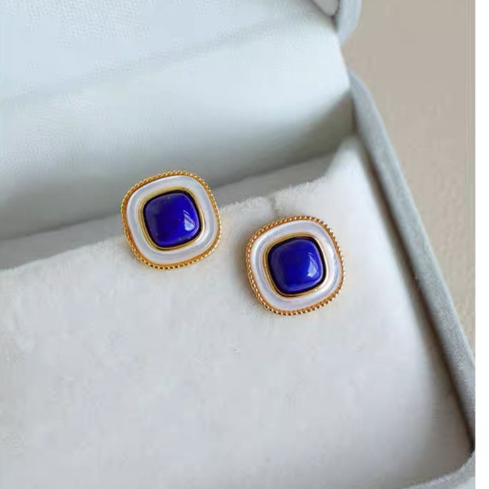 Factory wholesale natural lapis lazuliform earrings white fritillary 925 silver jewelry colored gemstones sterling silver gold-plated earrings
