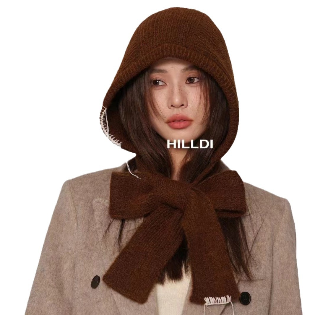 2024 autumn and winter new solid color knitted hat shawl women's dual-use outer padded warm neck scarf