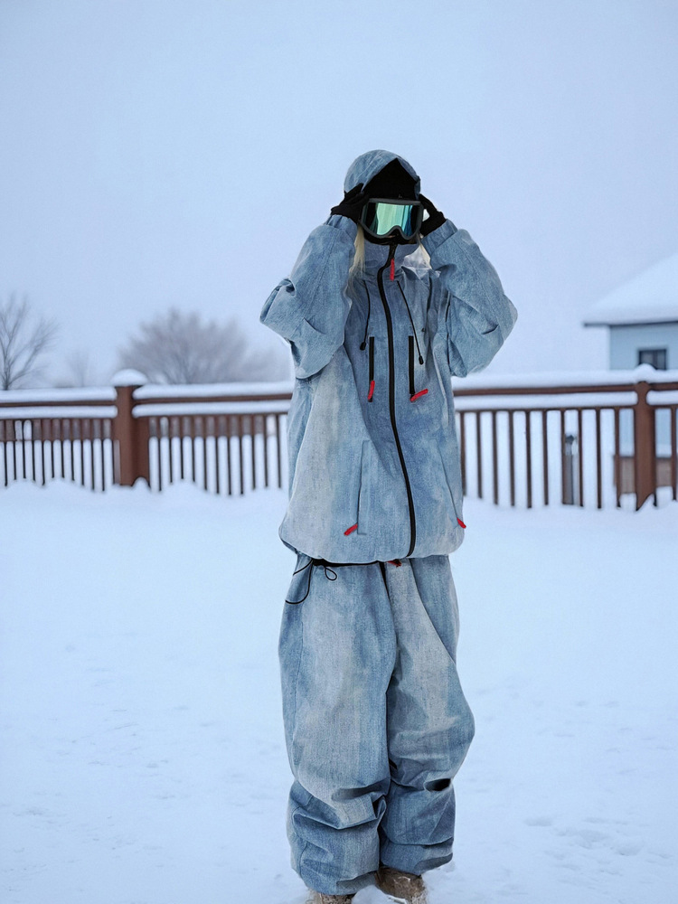 Fuyan Blue Denim Ski Suit for Women 2025 Autumn and Winter New Windproof and Waterproof Single and Double Board Couple Snow Suit for Men