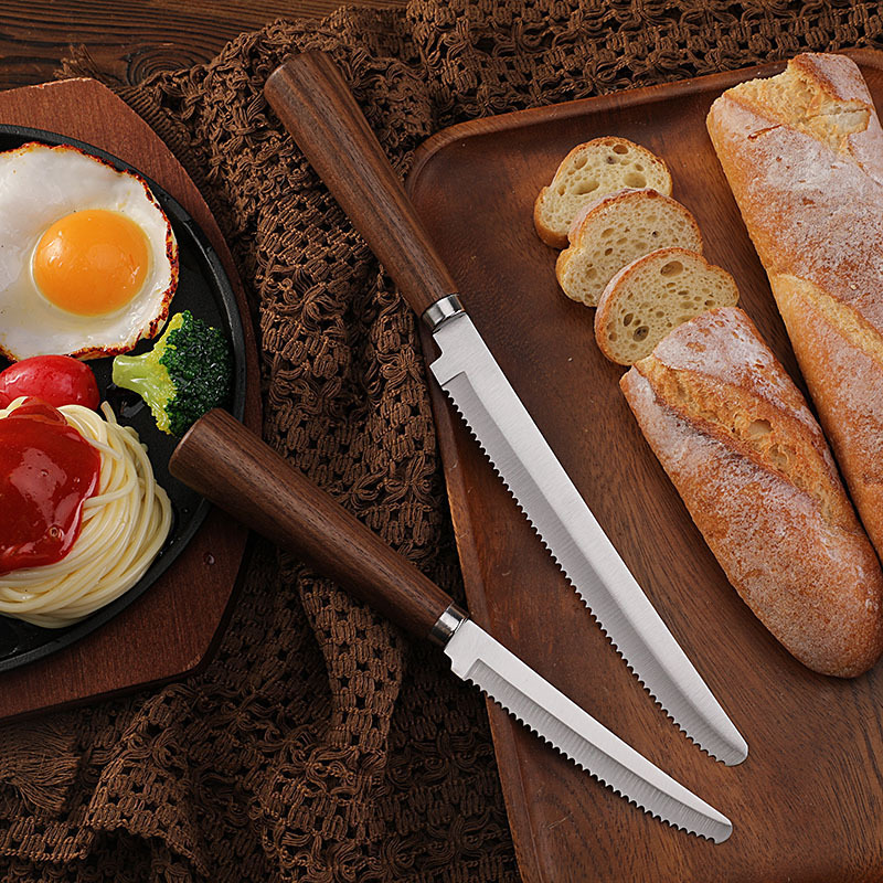 Cross-Border Spot Walnut Handle Baguette Toast Bread Cutter Household Baking Cake Bread Knife Serrated Steak Knife