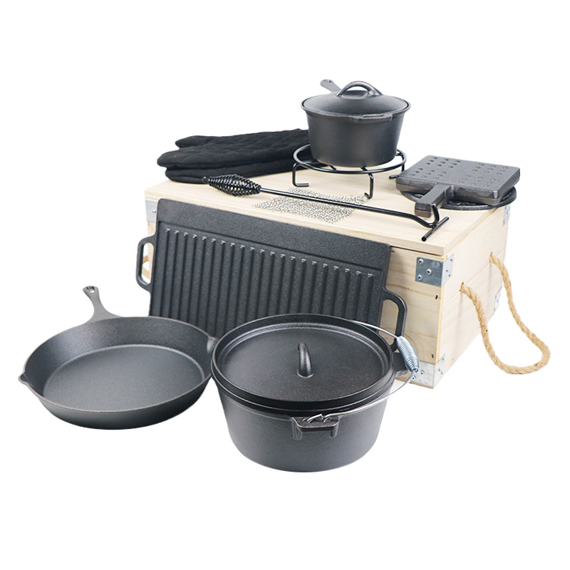Outdoor pot set combination cast iron pot camping pot cast iron Dutch pot wooden box suit picnic tableware set camp