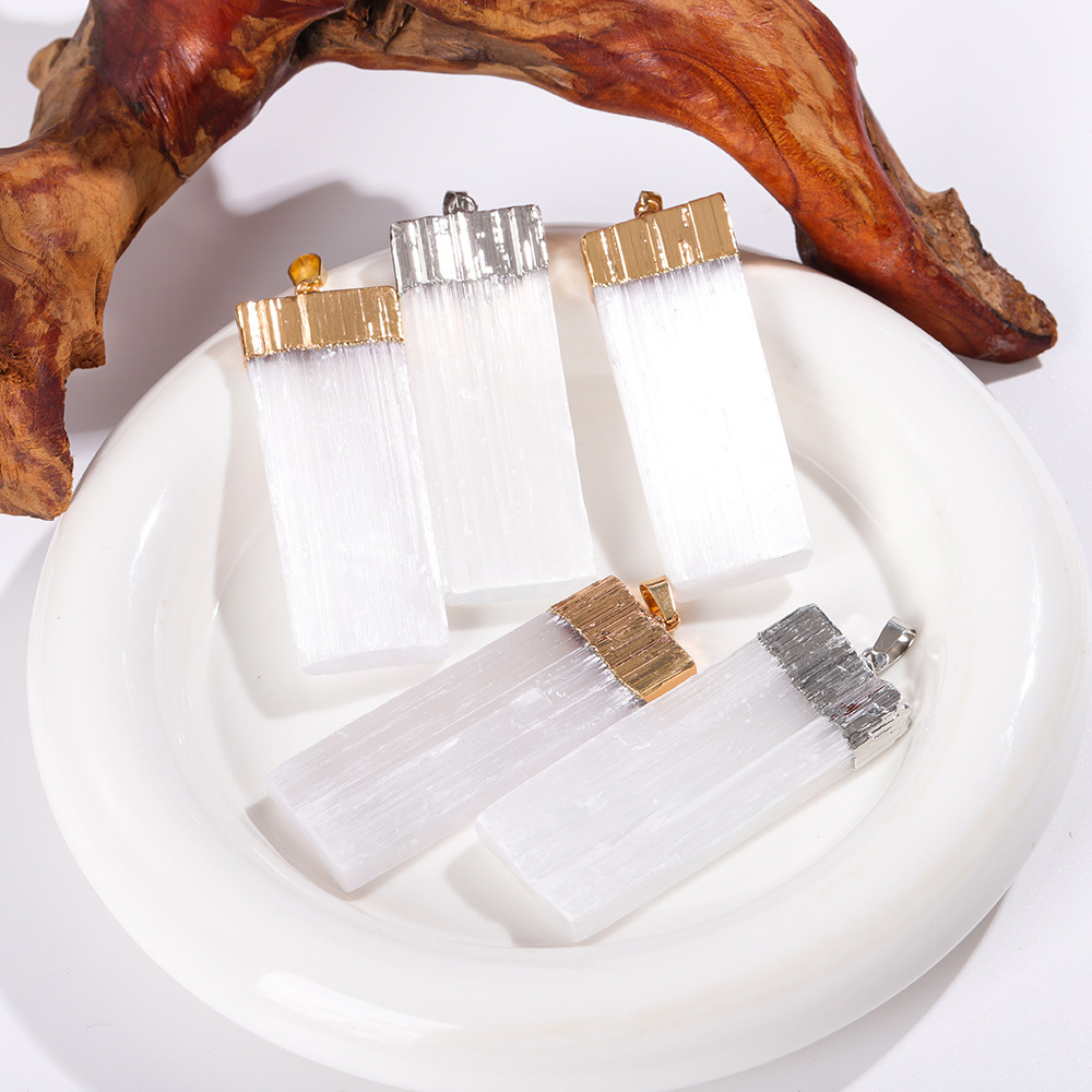 Natural Gypsum Pendant Crystal Raw Stone Necklace Irregular Square Pendant diy Jewelry Accessories Cross-border Wholesale