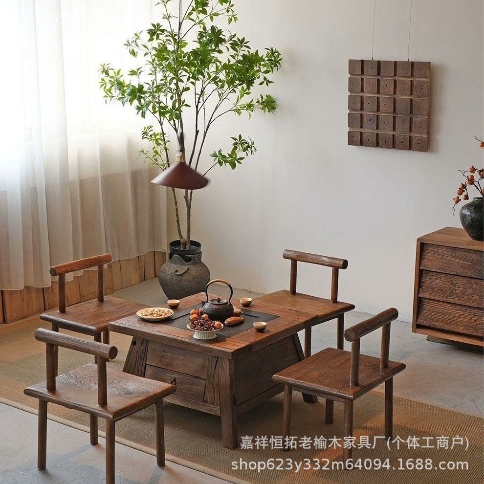 Wabi-Sabi Style Tea Brewing Table with Stove for Outdoor Courtyard, Solid Wood Charcoal Stove for Homestay, Barbecue Grill, Hot Pot Table, Old Tree Stump Square Table