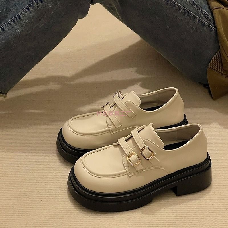 British Style Small Leather Shoes for Women 2025 New Soft Sole Thick Sole Heightening Outer Wear Women's Slip-On Platform Sole with Black Women