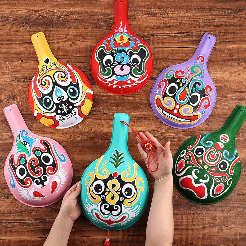 DIY Traditional Handmade Horse Spoon Gourd Shehuo Painting with Pattern Pulp Facial Mask White Embryo Non-Legacy Creative Mask