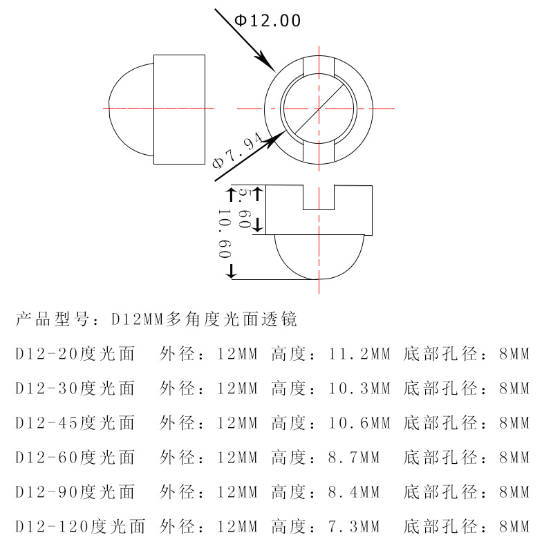 Led Lens Single D12Mm 20 Degree-90 Degree Glossy Lens Imitation Lumens High Power 1W Single Lens