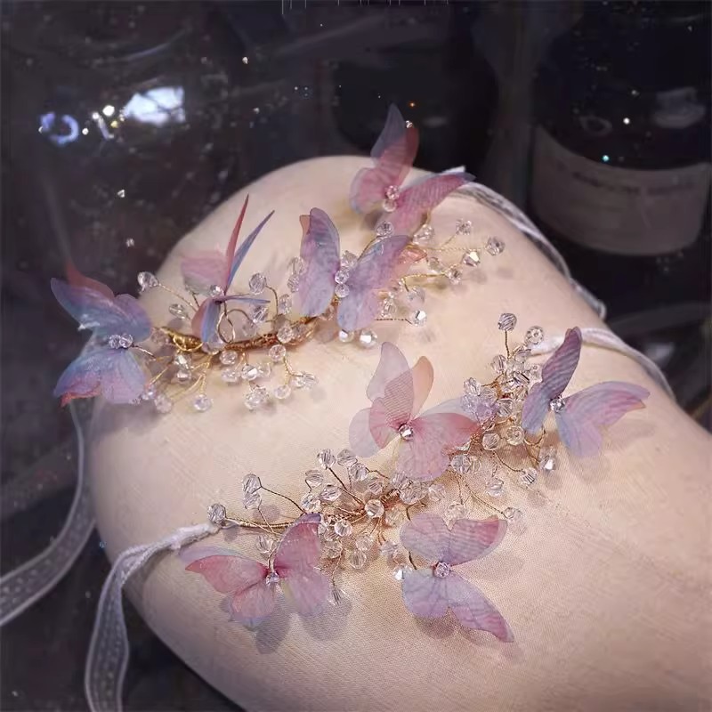 Beautiful and Fresh Forest-Style Wedding Bride's Wrist Flower Bridesmaid Group Bracelet Flower Blue Pink Butterfly Crystal Hand-Tied Flower