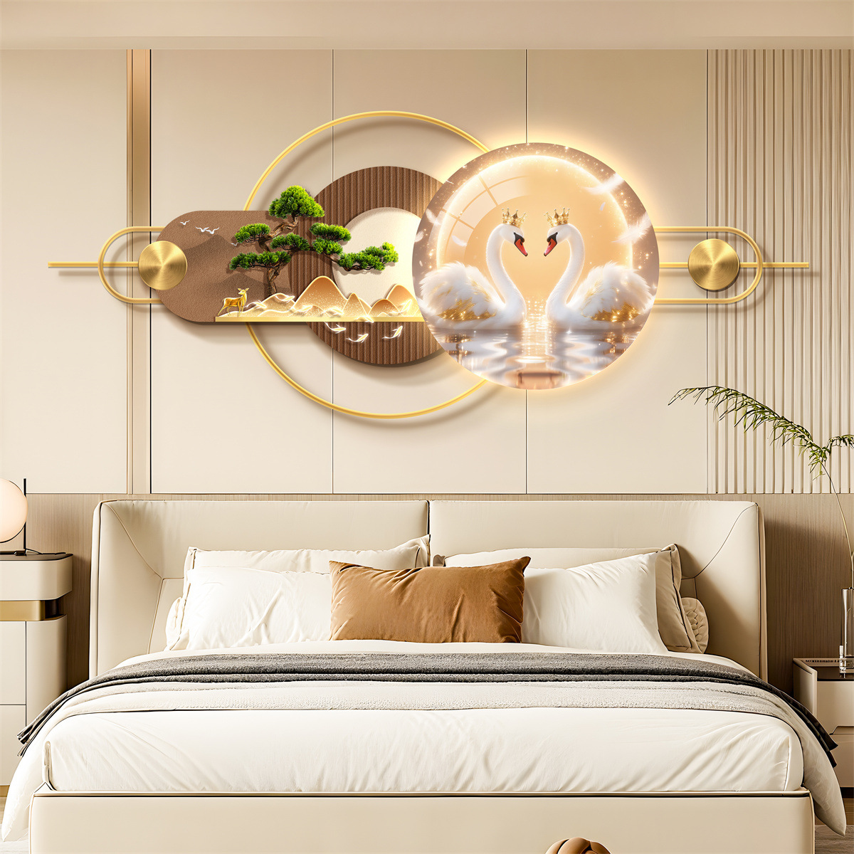 Bedroom Three-Dimensional Mural Decorative Painting Bedroom Bedside High-End Room Background Wall Aluminum Alloy Combination Hanging Painting