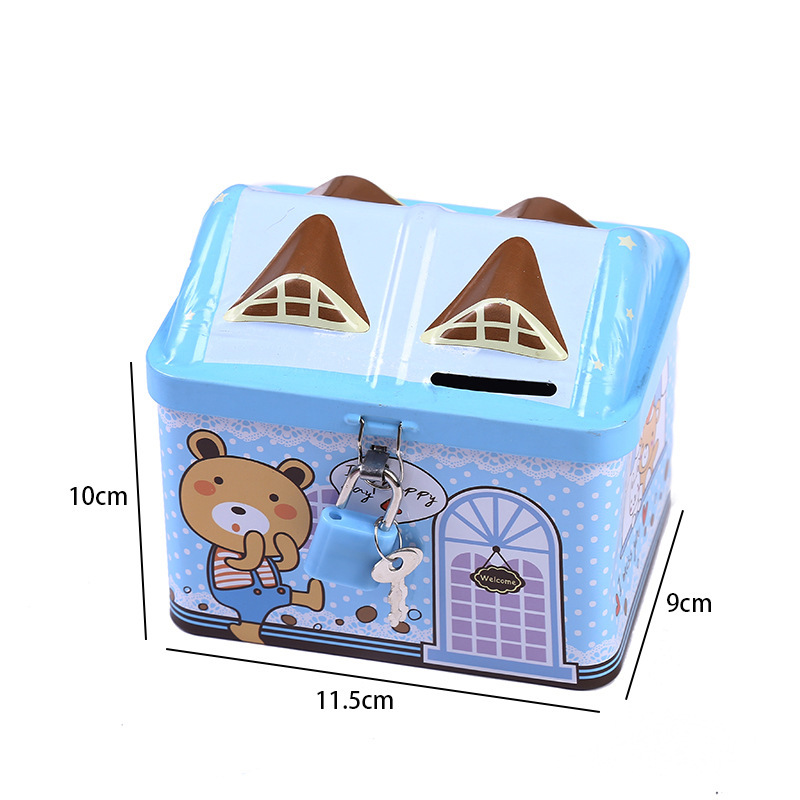 Korean style cartoon creative house piggy bank tinplate with lock piggy bank children's large capacity toy storage box