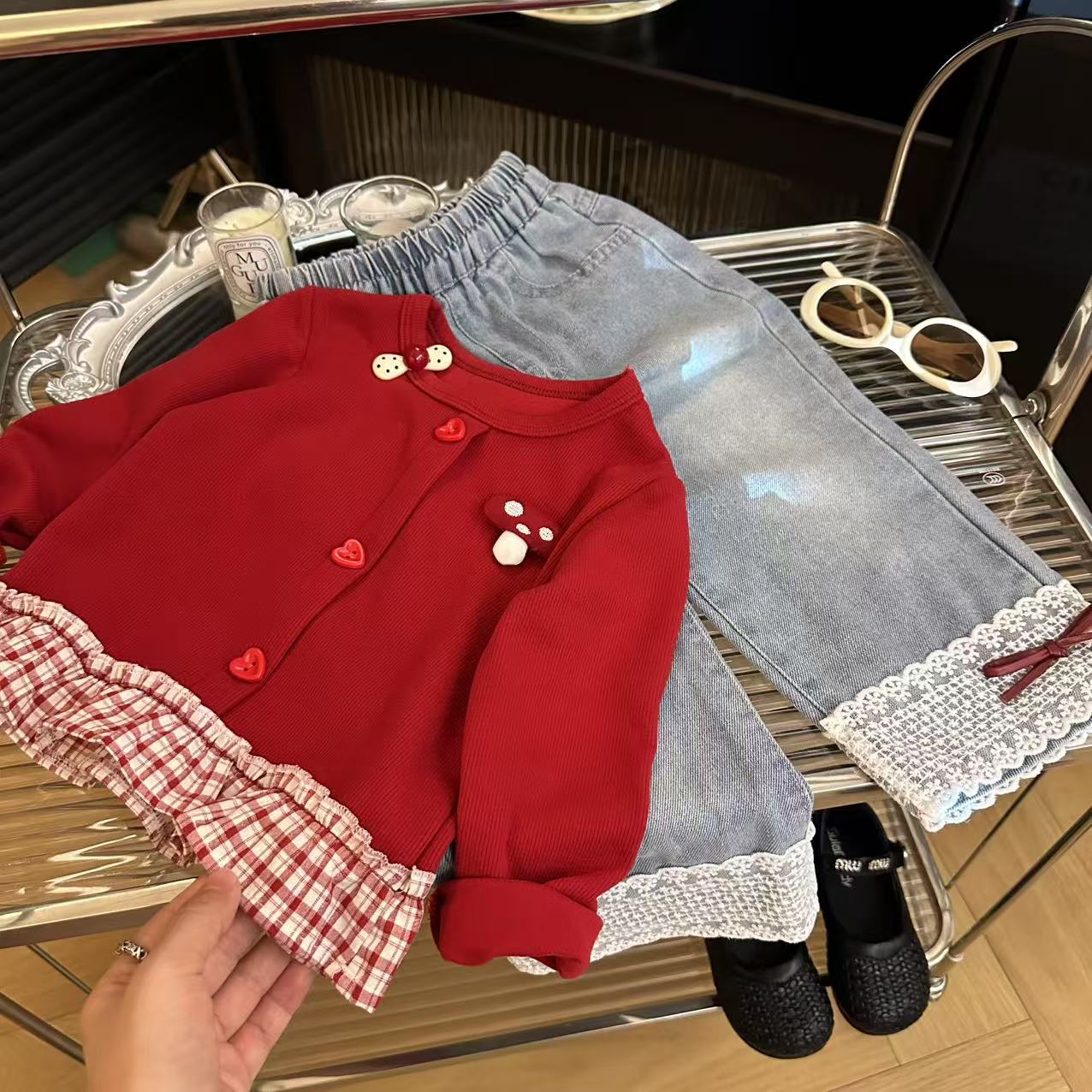 Girls Sweatshirt 2025 Autum New Korean Style Casual Fashionable Cute Red Mushroom Splicing Skirt Sweatshirt