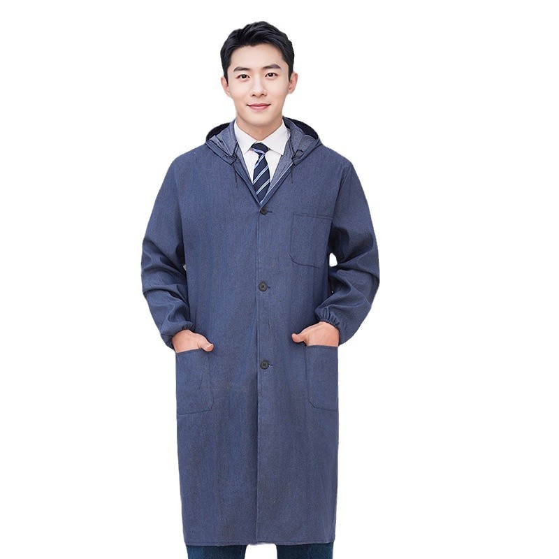 Denim hooded gown men's and women's labor protection clothing dustproof and stain-resistant blue gown thickened work clothes Denim labor protection gown
