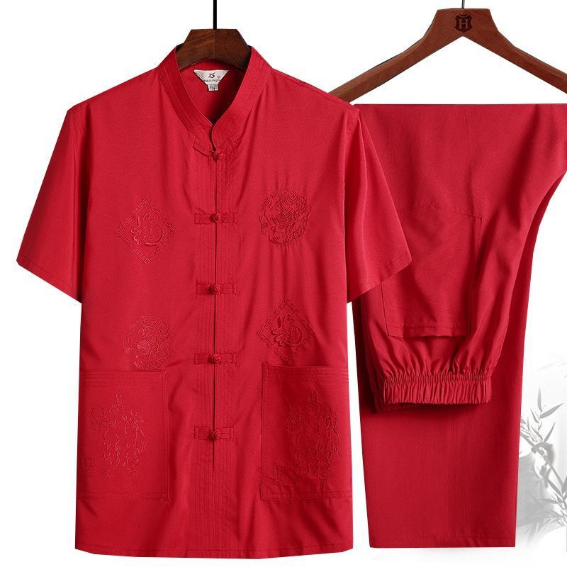 Tang Suit Male Dad Summer Short-sleeved suit Middle-aged and Elderly Men's Grandpa Chinese-style Buckle Hanfu Men's plus size Shirt