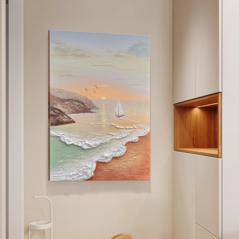 Hand-Painted Oil Painting of a Spring Coastal Scene in Dafen Village, Cream-Style Decorative Painting for the Living Room, Wabi-Sabi Style Entrance Texture Wall Art