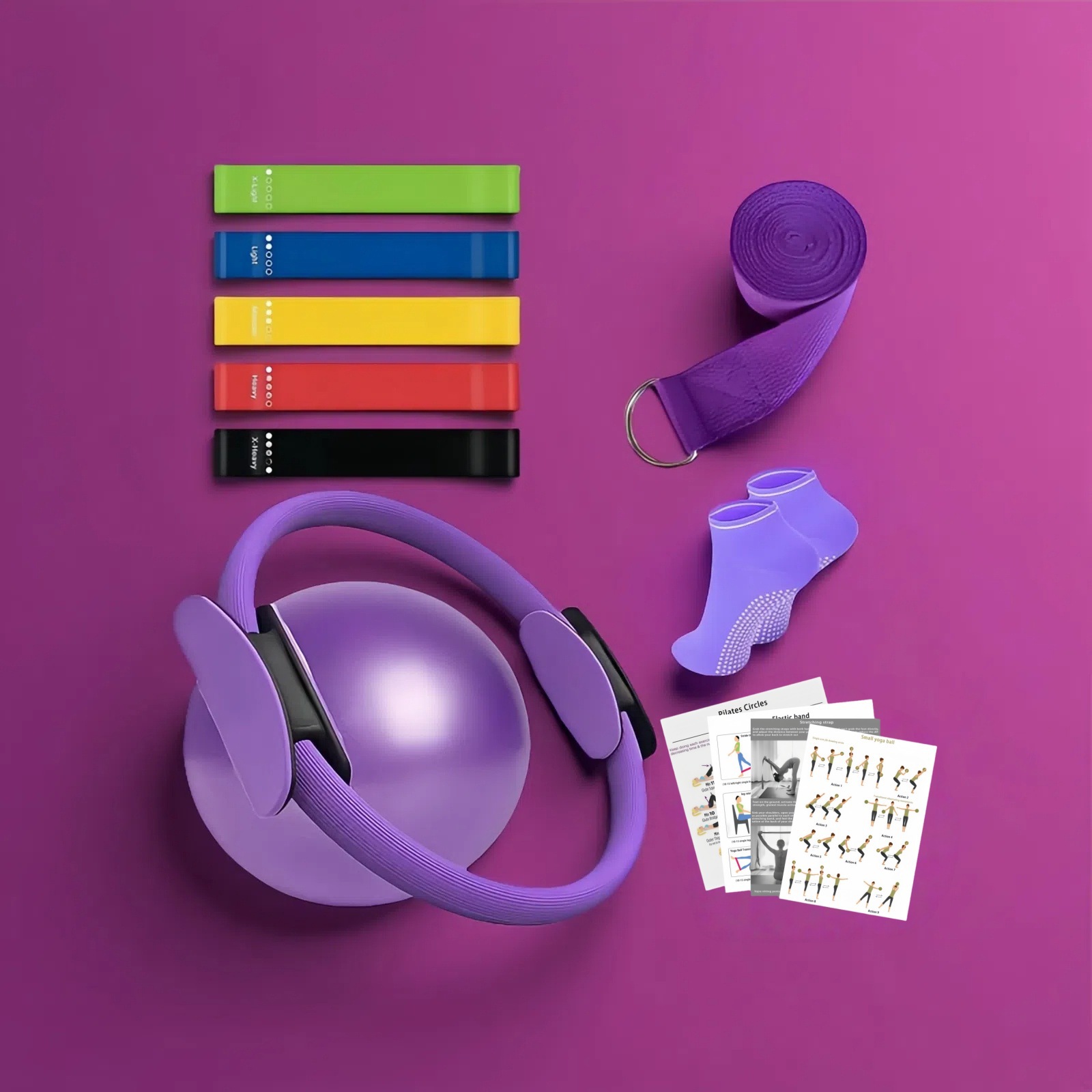 Cross-Border New Popular Pilates Ring and Ball 9-Piece Set, with 5 Resistance Bands for Home Exercise Yoga Ball