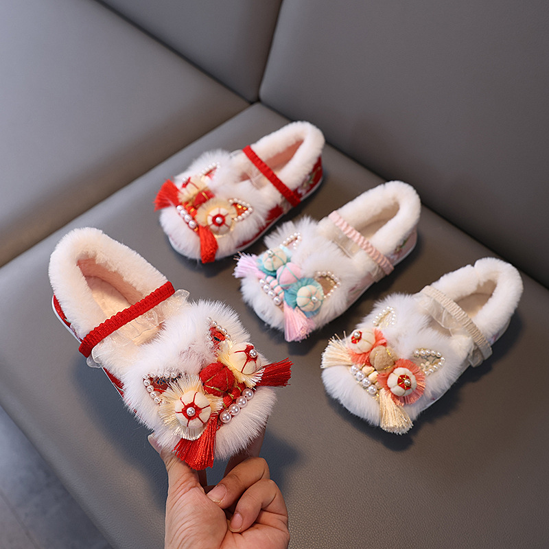 Зимние туфли ханфу для девочек, утепленные, хлопковые, вышитые, китайские туфли для юбки с лошадиной мордой, ручная работа, туфли с тигровыми головами, новогодние туфли