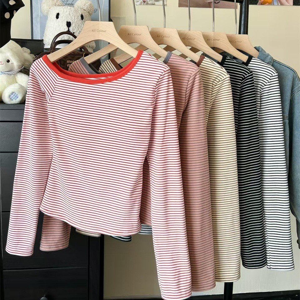 5180 # 280g Cashmere Heating Warm Striped Long Sleeve T-Shirt Women's Niche Off-Shoulder Contrast Color Stripe Top
