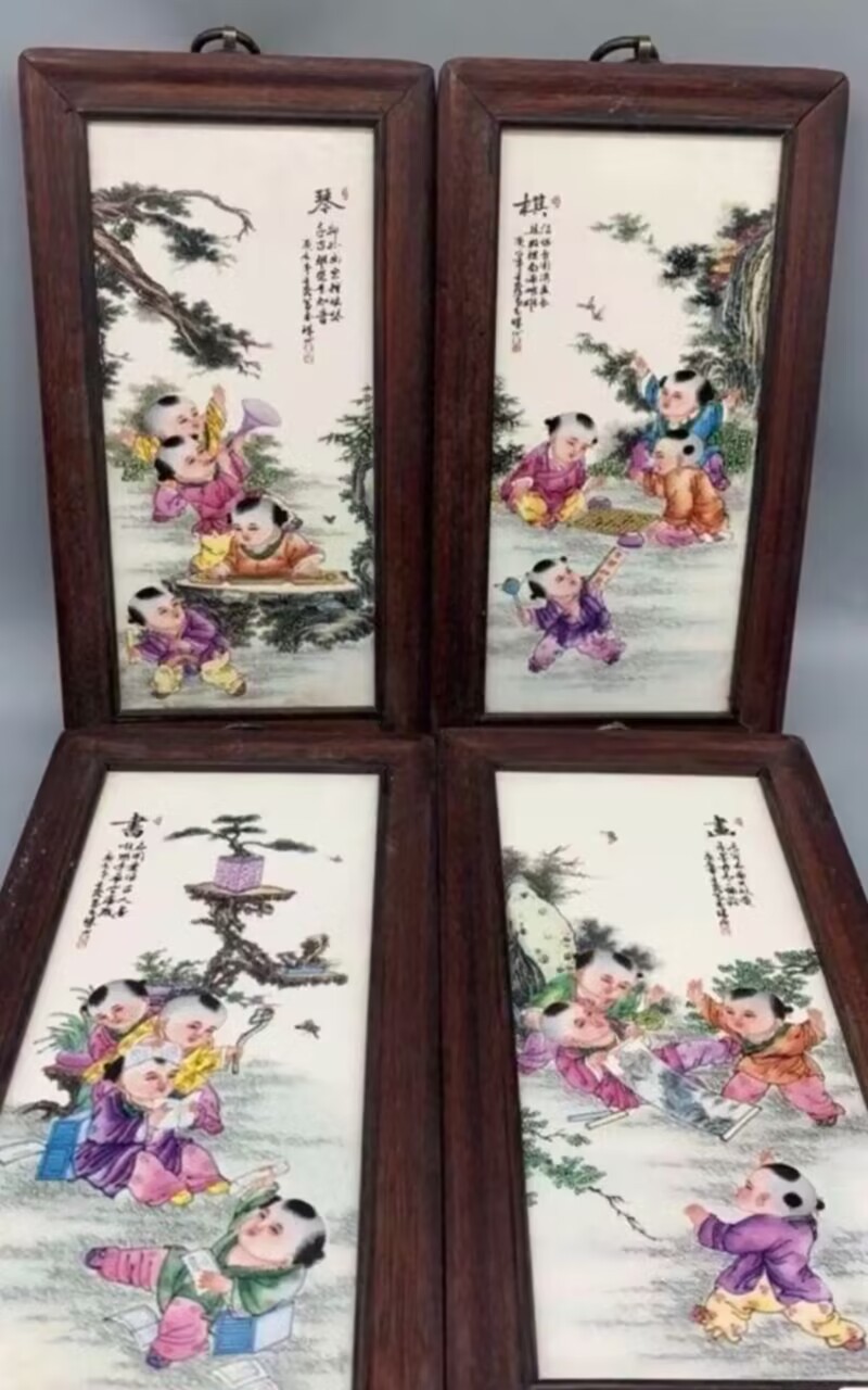Jingdezhen Ceramic Painting Porcelain Plate Painting Imitation Mahogany Four-Screen Living Room Hanging Painting Restaurant Hanging Screen Decorative Painting Plum Orchid Bamboo and Chrysanthemum