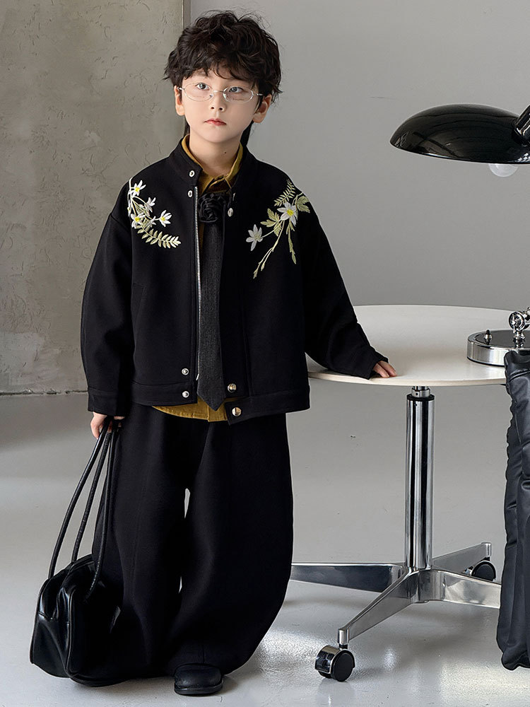Boys' Jacket Set 2025 Autumn New Floral Embroidery Casual Jacket Children's Top Trendy One-Piece Wholesale