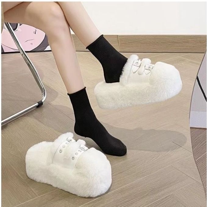 British Style Furry Slippers for Women to Wear Outside 2025 New Korean Style Elegant Versatile Autumn and Winter Ladies Thick-Soled Cotton Slippers