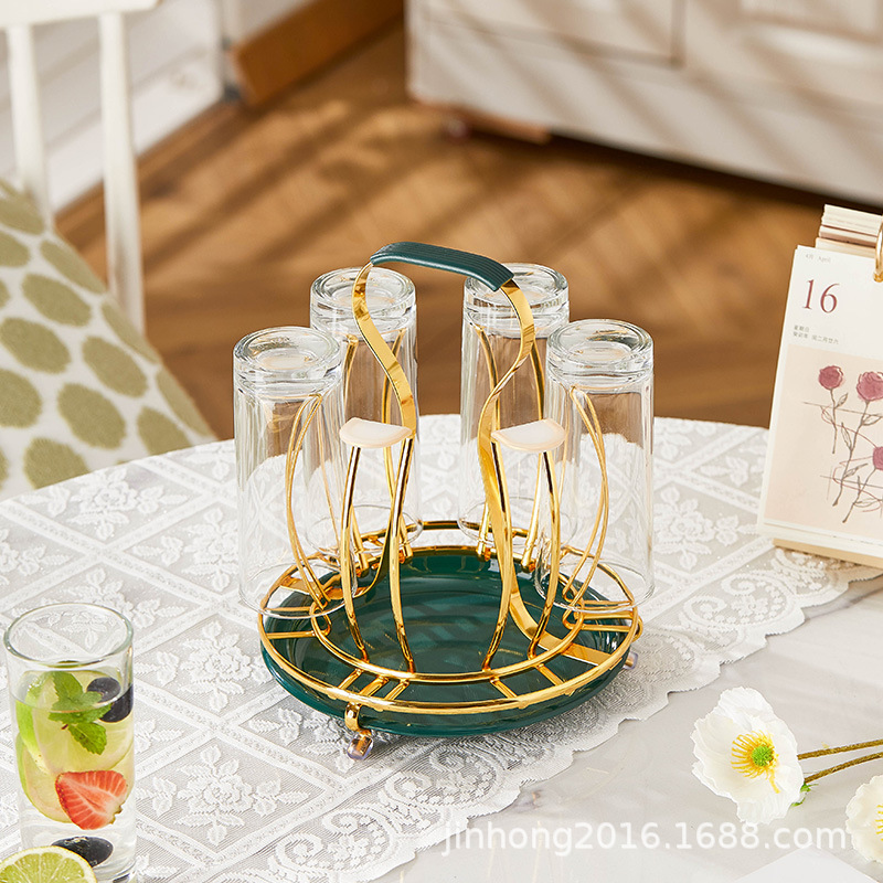 Wholesale Iron Round Drum-Shaped Drain Cup Holder Light Luxury Creative European Style Floor-Mounted Water Cup Hanger Kitchen Water Set Storage Rack