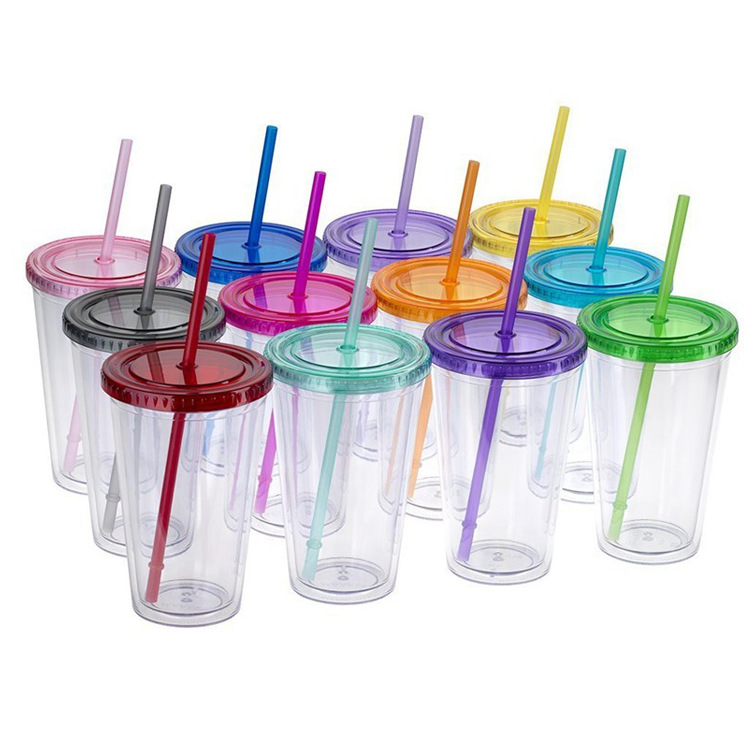 Laitu can set factory direct 16OZ double-layer suction tube cup ps transparent plastic cold drink cup 450ml plastic cup