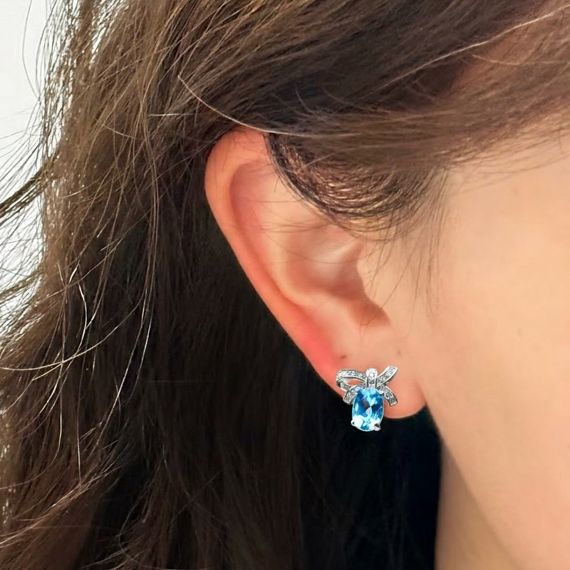 New Natural Sapphire Stud Earrings S925 Silver Inlaid Main Stone 4*6mm Versatile Trendy Popular Source Product