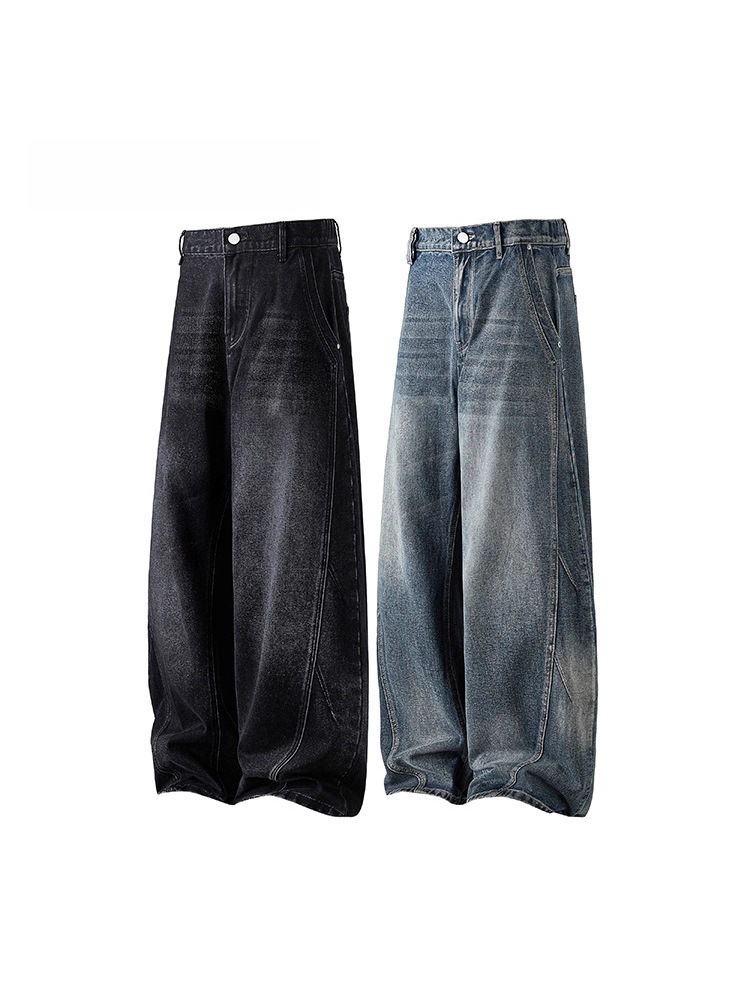 Japanese High Street Trendy Jeans Unisex Versatile Design Slightly Wide Scimitar Long Pants Plus Size Streetwear