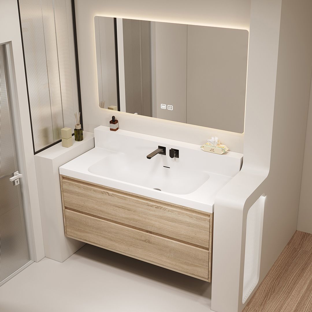 Japanese-Style Bathroom Cabinet Set 73/83/93/103/113 Wall-Mounted Faucet Rock Slab Seamless Basin Solid Wood Washstand