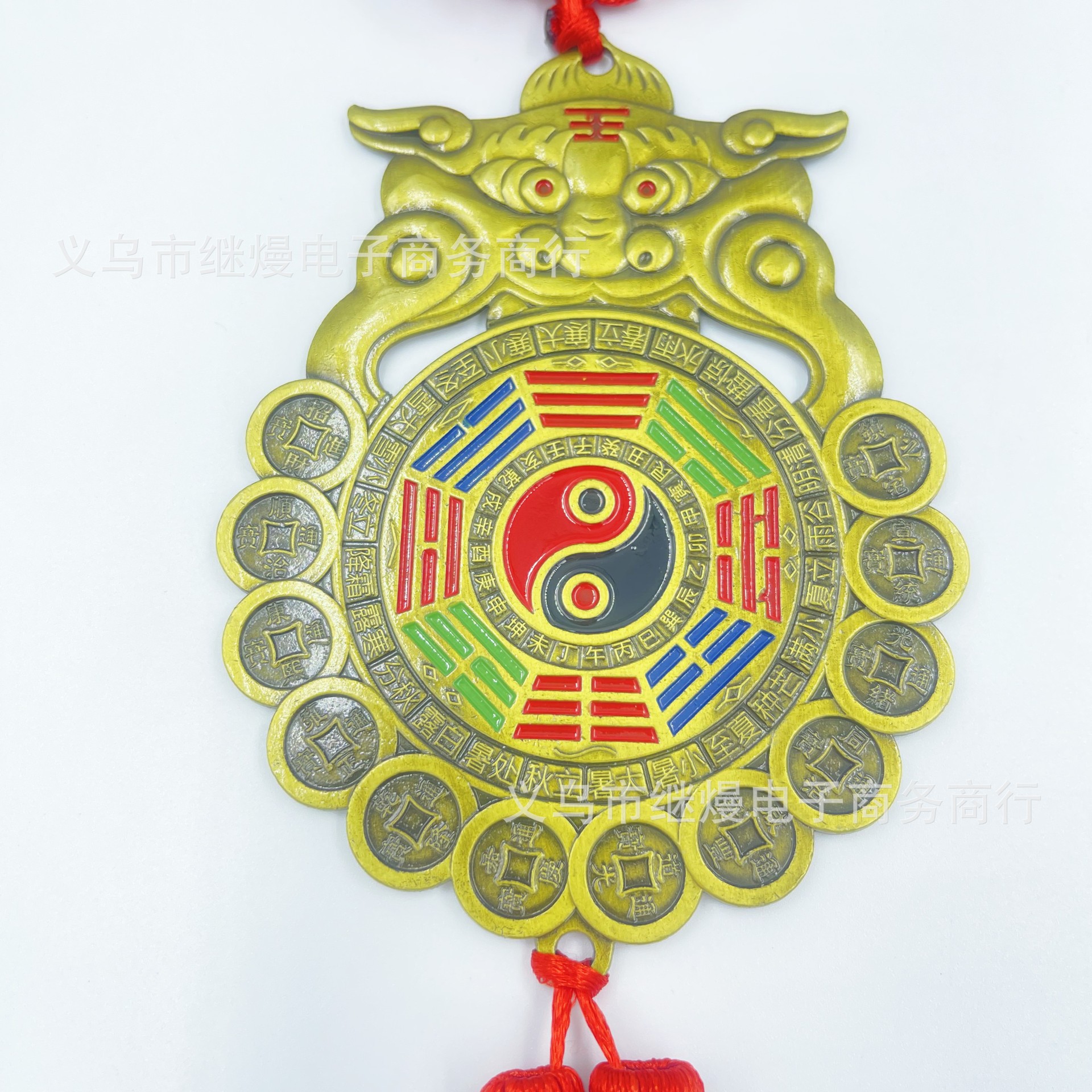 Colorful Tiger Head Tai Chi Yin and Yang Bagua Mirror Pendant Twenty-four Solar Sterms Ten Emperors Copper Money Temple Feng Shui Wedding Hanging Ornaments