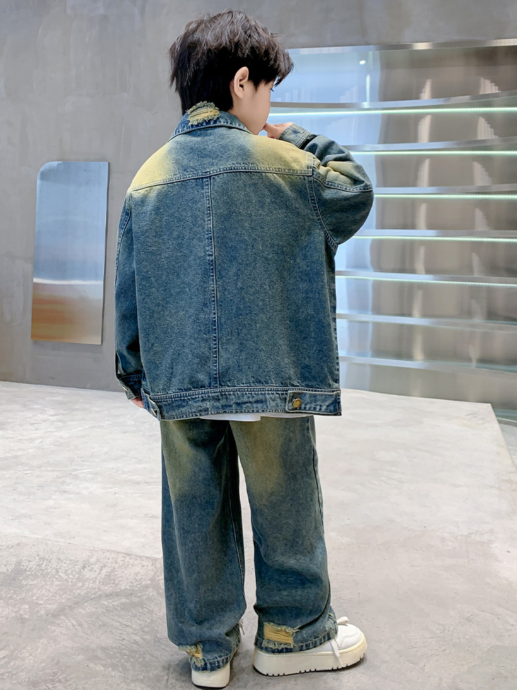 2025 new spring and autumn European and American fashion retro cool children's Denim suit big children's Denim two-piece set