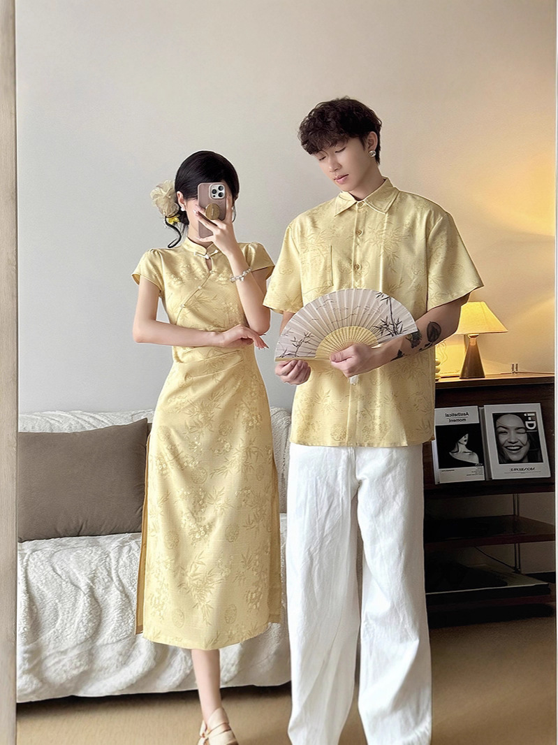 New Chinese Style Couple's Clothing for Summer, Versatile, Improved Waist, High-End, One-Piece, One-Skirt, Slit Cheongsam Dress, Shirt