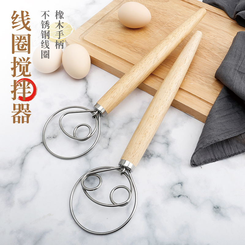 13 Inch Oak Handle Flour Mixer Danish Dough Mixer Stainless Steel Coil Egg Beater Tool